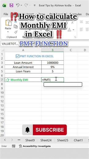 ✅How to Calculate Monthly EMI in Excel #excel #exceltips #exceltricks #shorts #ytshorts