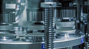 Automatic machine on paper cup production line. Modern technology and automation. Seamless loop.