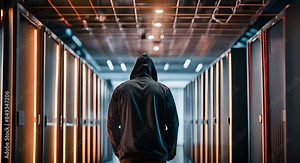 Hacker in a data center. Cybersecurity and data theft.