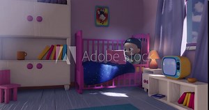 Concept cartoon animation 4k. A girl has a reading book at night. 3d render animation cyclic