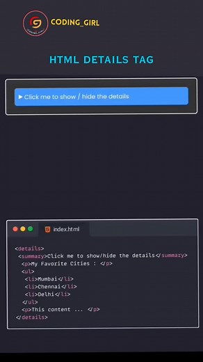 2.7K views · 37 shares | Html Details Tag Coding Girl #htmltags #html #learnhtml #cssproject #reels #computerscience #css #coders #fullstack #learncode #reactjs #reels #programmerslife #100daysofcode #csstricks #100daysofcodechallenge #frontenddev #htmlcoding #htmltutorial #html5website #html_css | Coding Girl | Facebook