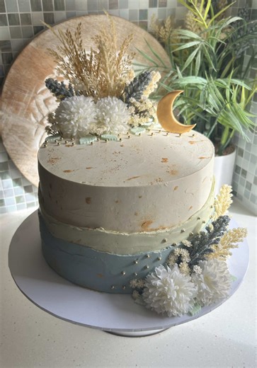 Dreamy Sage Blue and Gold Birthday Cake