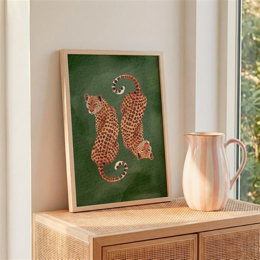 Leopard Duo Watercolor Print | Green Jungle Cat Wall Art, Eclectic Maximalist Decor - Etsy