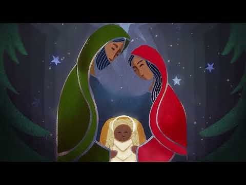 Black Baby Jesus Mary Joseph Christmas Manger Scene Nativity Stars Trees Christian Background Loop