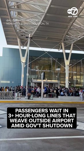 On Sunday, passengers at Bush Airport in Houston, Texas, stood in lines that stretched outside the airport for more than three hours as they awaited the pre-flight security screening, as the federal government shutdown has impacted TSA staffing and operations nationwide. | ABC7NY
