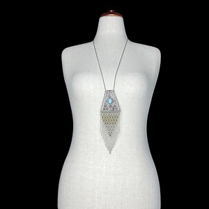 AMERICAN EAGLE Turquoise Silvertone Boho Western  Fringe Chainmail Necklace OS