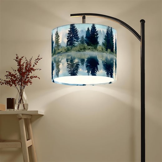 Nature Forest Arc Floor Lamp With Watercolor Pine Tree Reflection Shade - Etsy