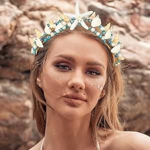 Brinie Starfish Headband Gold Bride Wedding Headpiece Boho Seashell Headwear Pearl Bridal Headband Beach Wedding Hair Accessories for Women and Girls