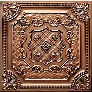 TD04 Antique Copper Faux Tin Glue up, Drop in Ceiling Tile, Pack of 10 2'X2' Tiles. Covers 40 sq.ft. Easy to Install PVC Panels, Great for DIY Projects - Antique Vintage Look Ceiling