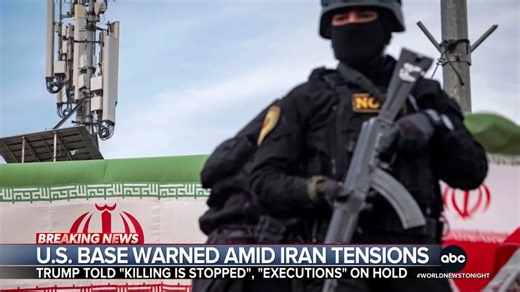 U.S. forces are on alert to evacuate Al-Udeid Air Base in Qatar, and Iran has closed its airspace amid soaring tensions. President Trump says Iran has halted protester killings amid mounting pressure. Ian Pannell reports. https://abcnews.link/g35c0cY?utm_source=facebook&utm_medium=social&utm_campaign=dhfacebook&utm_content=app.dashsocial.com/abcworldnewstonight/library/media/630126290 | ABC World News Tonight with David Muir