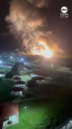 Video obtained by ABC News shows a massive fire expanding at Higuerote Airport after President Trump said the U.S. carried out a large-scale strike against Venezuela and captured the country's leader, President Maduro and his wife. https://abcnews.visitlink.me/myVH8B | ABC News