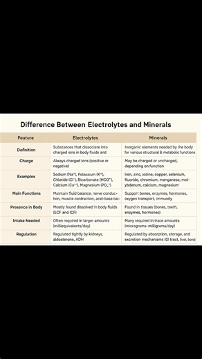 Difference Between Electrolytes and Minerals Electrolytes = minerals that carry an electrical charge in body fluids. • Minerals = all essential inorganic elements (charged or uncharged) required by the body. | MRCP UK