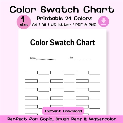 24 Color Swatch Chart Printable | Copic Marker Swatch Template A4 A5 PDF