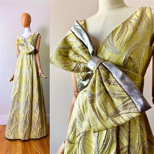 Vintage 60s Silver & Gold Metallic Yellow Gown W/ Oversized Bow ~ Lamé ~ Lurex ~ Brocade Jacquard ~ Starburst ~ Full Maxi Dress ~ Unique ~ S - Etsy