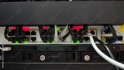 Detailed Look at Network Switch Panels with Illuminated Ports in a Server Environment