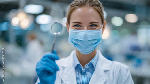 204Professional female dentist with focused eyes behind a surgical mask, gloved hands gripping a dental mirror, bright sterile clinic with clean white walls and equipment blurred in t