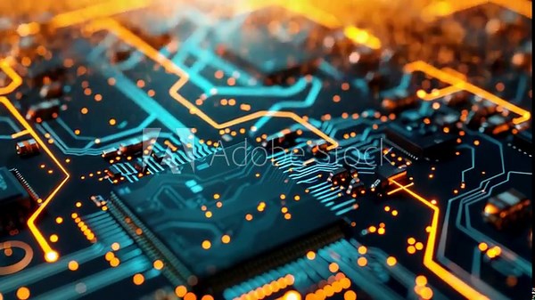 Close-up view of an illuminated blue circuit board with electronic components and traces.