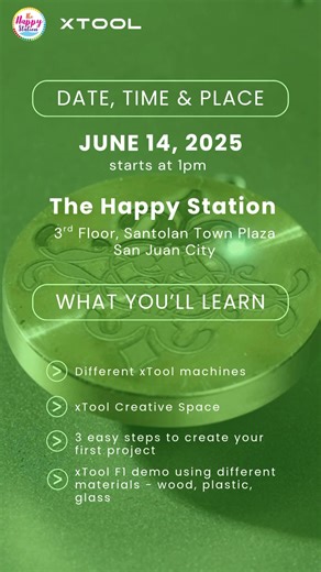 ✨🚨FREE xTool 101 Workshop🚨✨ Thinking of starting a business? Or adding laser engraved products to your existing business? Then join our FREE xTool 101 workshop and discover the possibilities of laser crafting in this hands-on event featuring xTool laser machines and the xTool Creative Space software with Ann Tan 🩷 📆 June 14, 2025 (Saturday) ⏰ 1PM 📍 The Happy Station, 3rd floor Santolan Town Plaza, San JuanDM us if you would like to join or register using this link bit.ly/xToolEvents #LetsCr