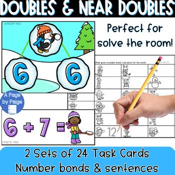 Winter Adding Doubles and Near Doubles Task Cards | Math Facts | Solve the Room