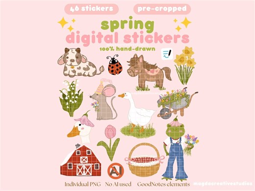 Spring Digital Stickers | Hand-drawn Flower, Plants & Animal Illustration Stickers (goodnotes Planner) - Etsy