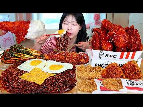 ASMR MUKBANG | Black Bean Noodles, KFC Seasoned Chicken, Chili Oil Dumplings, Spicy Kimbap.