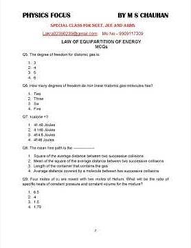 Kinetic theory of gases solved mcqs; rotational kinetic energy of diatomic molecules; charles's law;