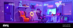 Cartoon room with gaming and streaming setup - table with computer and monitor, chair and neon signs on walls. Vector of player studio interior with f Stock Vector Image & Art - Alamy