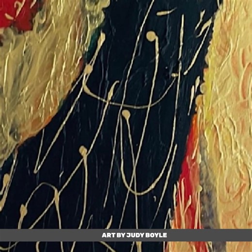 "Musica" // https://www.judyboyle.com/warehouse-open-edition-prints/art_print_products/musica Dynamic lines intertwine within a rich tapestry of color, where bold reds and deep blues engage in a visual dialogue. The luminous gold brushwork weaves through, adding texture and depth, revealing a sense of movement and vitality. Contrasting hues coexist harmoniously, offering a glimpse into an abstract realm alive with energy. This striking piece invites contemplation and adds a layer of intrigue to 