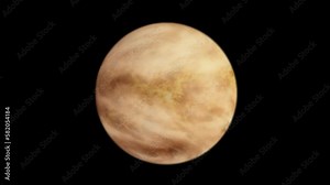 Venus rotating isolated on a black background. Turning of Venus planet, side view for presentations and education. Ultra HD 4K Loop footage. 3D render.