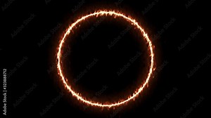 Empty e lip circle, circular frame with fire border glowing, burning flame signboard. Blank circle sign fire flames around frame lights. The best stock of footage frame signboard orange fire burn
