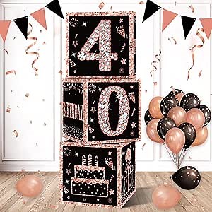 Eiurteao 3pcs 40th Birthday Decorations Boxes for Women, Rose Gold Happy 40 Birthday Balloons Boxes Party Supplies, Forty Bday Theme Cardboard Box Decor