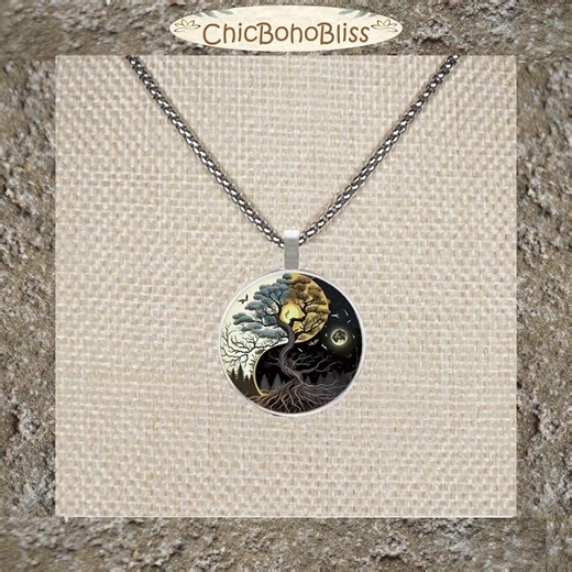 Highly Detailed Intricate Yin Yang Tree of Life Boho Pendant, Stainless Steel Chain Necklace, Length Choices, Gift for Him or Her