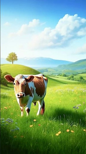 A Cow Walking Peacefully and Grazing in a Beautiful Landscape