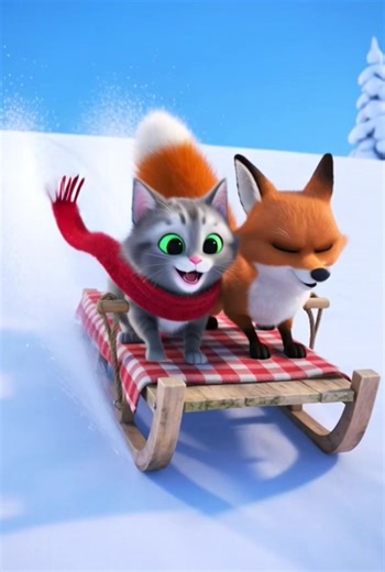 Kitten and Fox Play in the Snow ❄️🐱🦊 A kitten and a little fox enjoy a winter wonderland full of snowballs, sledding and cozy moments! Pure joy and fun! #Kitten #Fox #WinterMagic #SnowPlay #PixarStyle