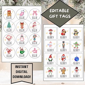 Christmas Name Gift Tags Printable, 24 Gift Tags, Canva, Editable Christmas Labels, Kids Holiday Tags, Personalized Gift Tag Download - Etsy