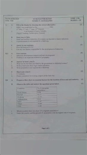 Standard 8 geography second semester sample question paper 2025 Maharashtra ##shorts
