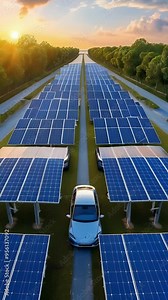 A solar panel array with electric vehicles parked underneath, showcasing renewable energy use.