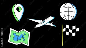 Travel symbol animations isolated on transparent background. Airplane, map, globe, flag, location