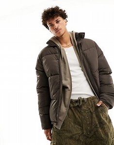 ASOS DESIGN shower resistant puffer jacket with detachable hood in brown | ASOS