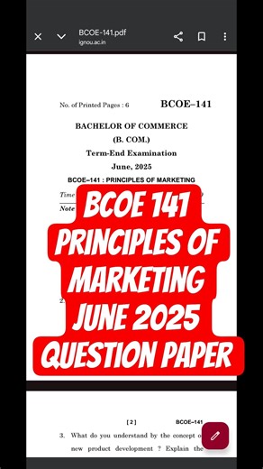 BCOE 141 PRINCIPLES OF MARKETING JUNE 2025 QUESTION PAPER #bcom #bcompaper #ignoubcom #ignoubba #yt