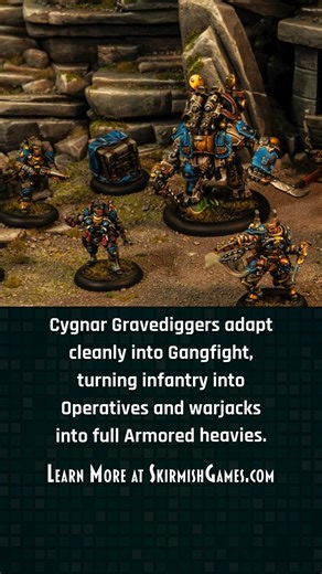 Cygnar Gravediggers are a natural fit for Gangfight. The infantry make great Operatives or Specialists in Aeon, and the warjacks turn into SquID-Armor heavies without any real conversion work. If you enjoy grounded sci-fi troops and gritty battlefield gear, this range blends into Gangfight’s style perfectly. #gangfight #skirmishgames #miniaturepainting #warmachine #wargaming #kitbash #paintingminiatures #tabletopgaming #minipainting #hobbypainting #miniaturesofinstagram | Gangfight Games