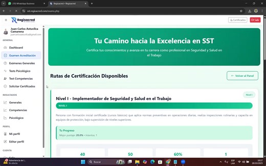 👉 Ya puedes acceder a nuestra plataforma de examen de certificación profesional desde https://sst.regisacred.com/ Niveles de acreditación Nivel I - Implementador de Seguridad y Salud en el Trabajo Nivel II - Auditor de Seguridad y Salud en el Trabajo Nivel III - Consultor de Seguridad y Salud en el Trabajo Nivel IV - Máster de Seguridad y Salud en el Trabajo También contarás con: - Exámenes y Certificaciones Psicológicos. - Exámenes de Competencia Profesional. - Exámenes de Certificación Profes