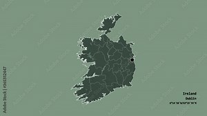 Dublin, county of Ireland, with its capital, localized, outlined and zoomed with informative overlays on a administrative map in the Stereographic projection. Animation 3D