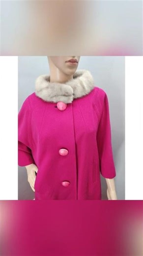 60s Vintage Raspberry Wool Cape / Coat with Fur Collar - L