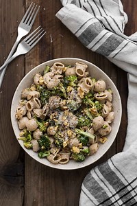Roasted Broccoli Pasta with Roasted Garlic Goat Cheese Sauce