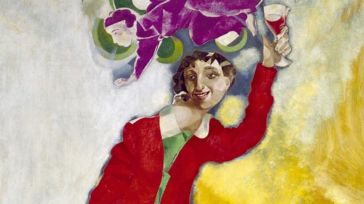 Painted circa 1917–18, Marc Chagall’s masterful 'Double Portrait with Wine Glass' presents an image of love transcending all things while beautifully blending Surrealist and Cubist styles with Russian folk art. https://bit.ly/2nRCtDN | Sotheby's