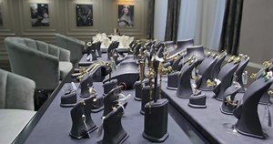 Showroom of a jewelry store with jewelry on the wind. Rings, bracelets, necklaces.