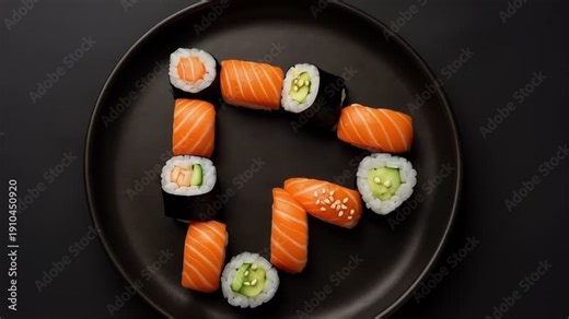 Sushi is arranged in creative shapes on round plates. The colors and types of sushi highlight different ingredients and styles. Each design is unique