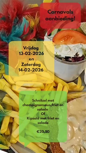 ❤️💛💚! Wil je tijdens de carnaval even rustig een hapje eten? Wij zijn tijdens de carnaval vrijdag 13-02-2026 en 14-02-2026 geopend. Kom bij ons genieten van onze carnavals aanbiedingen! ❤️💛💚 Alleen geldig op vrijdag 13-02-2026 en zaterdag 14-02-2026 ! Naast onze carnavals aanbiedingen, serveren wij ook onze a la carte kaart ! | Grand café de Gouverneur