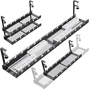 SRJZMLY 31Inch Extendable Under Desk Cable Management Tray Multi-Model Metal Cable Management Tray Under Desk Cord Management with Clamp Power Strip Cord Holder for Wire Cable Management, Black
